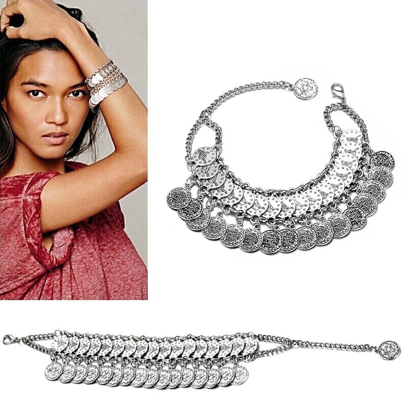 Ethnic Fashion Co In - สร้อยข้อมือสไตล์โบฮีเมียนแบบทำมือสไตล์โบฮีเมียนปรับเหรียญได้สำหรับผู้หญิงสร้อยข้อมือสไตล์โบฮีเมียนแนวโบราณเครื่องประดับชายหาดสำหรับสตรี
