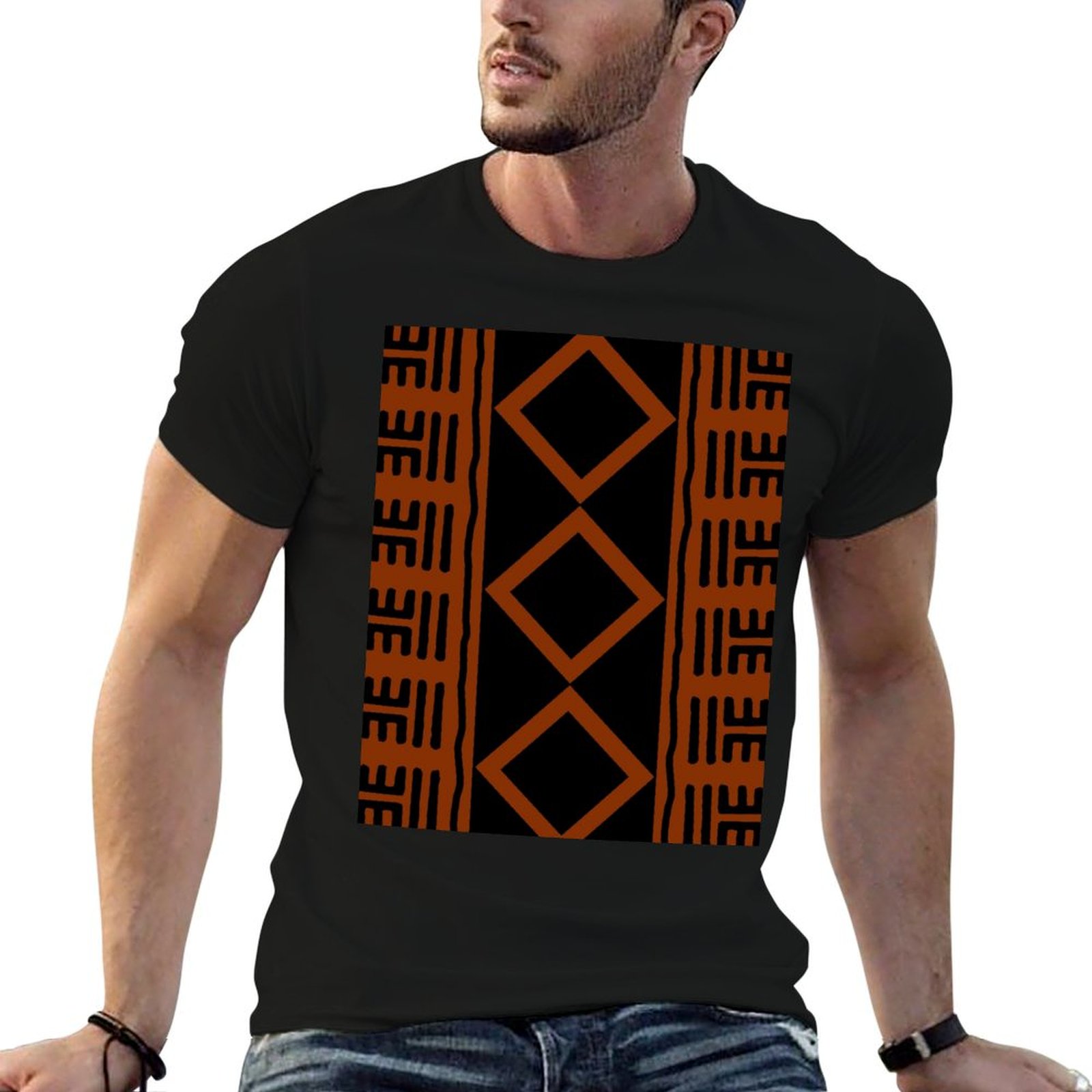 Mudcloth Print Top - เสื้อยืดผ้าดินแอฟริกันสีสนิม คอกลม ไซส์ใหญ่
