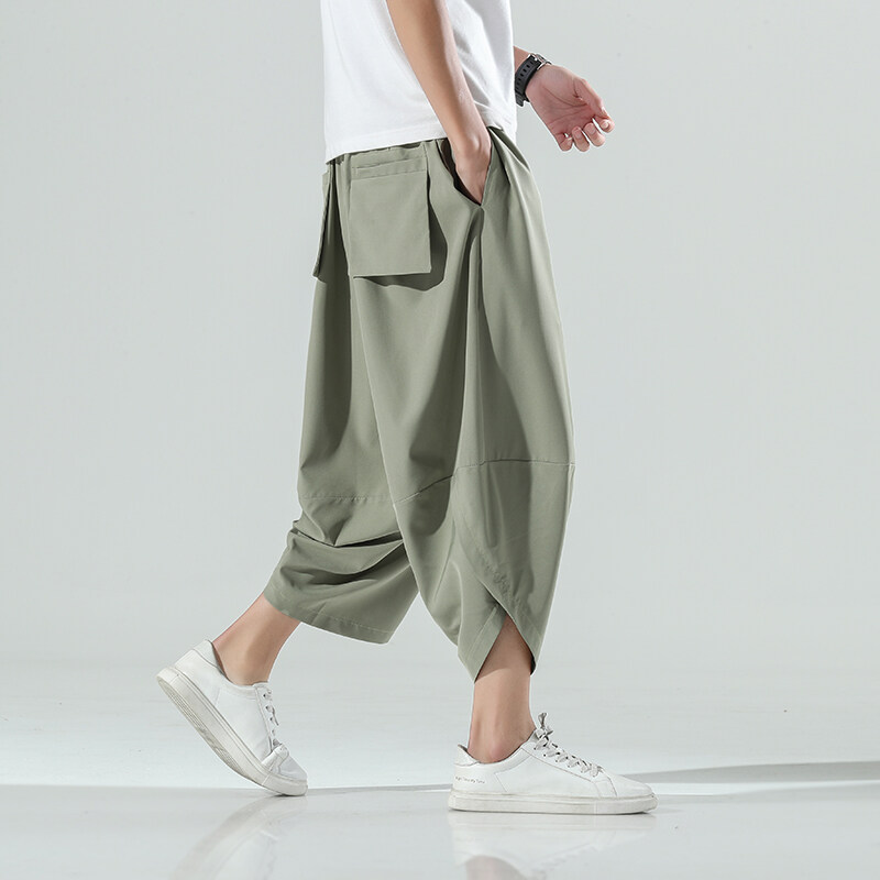 Ethnic Fashion Men - กางเกงฮาเร็มสไตล์จีนสำหรับผู้ชาย ฤดูร้อน 2025 กางเกงสตรีทแวร์ฮาราจูกุ ผู้ชาย กางเกงวินเทจสีพื้น