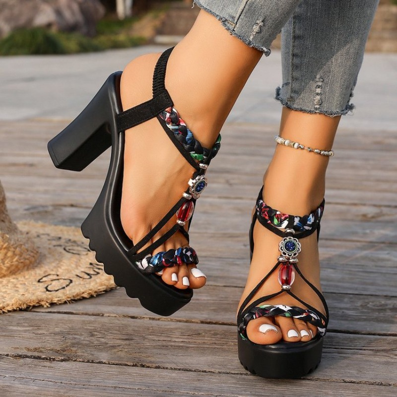 Ethnic Fashion Style - รองเท้าส้นหนาสไตล์ชาติพันธุ์สำหรับผู้หญิง รุ่นใหม่ประจำปี 2026 สไตล์ฤดูร้อน รองเท้าส้นตึกแบบเปิดนิ้วเท้า สไตล์โรมัน