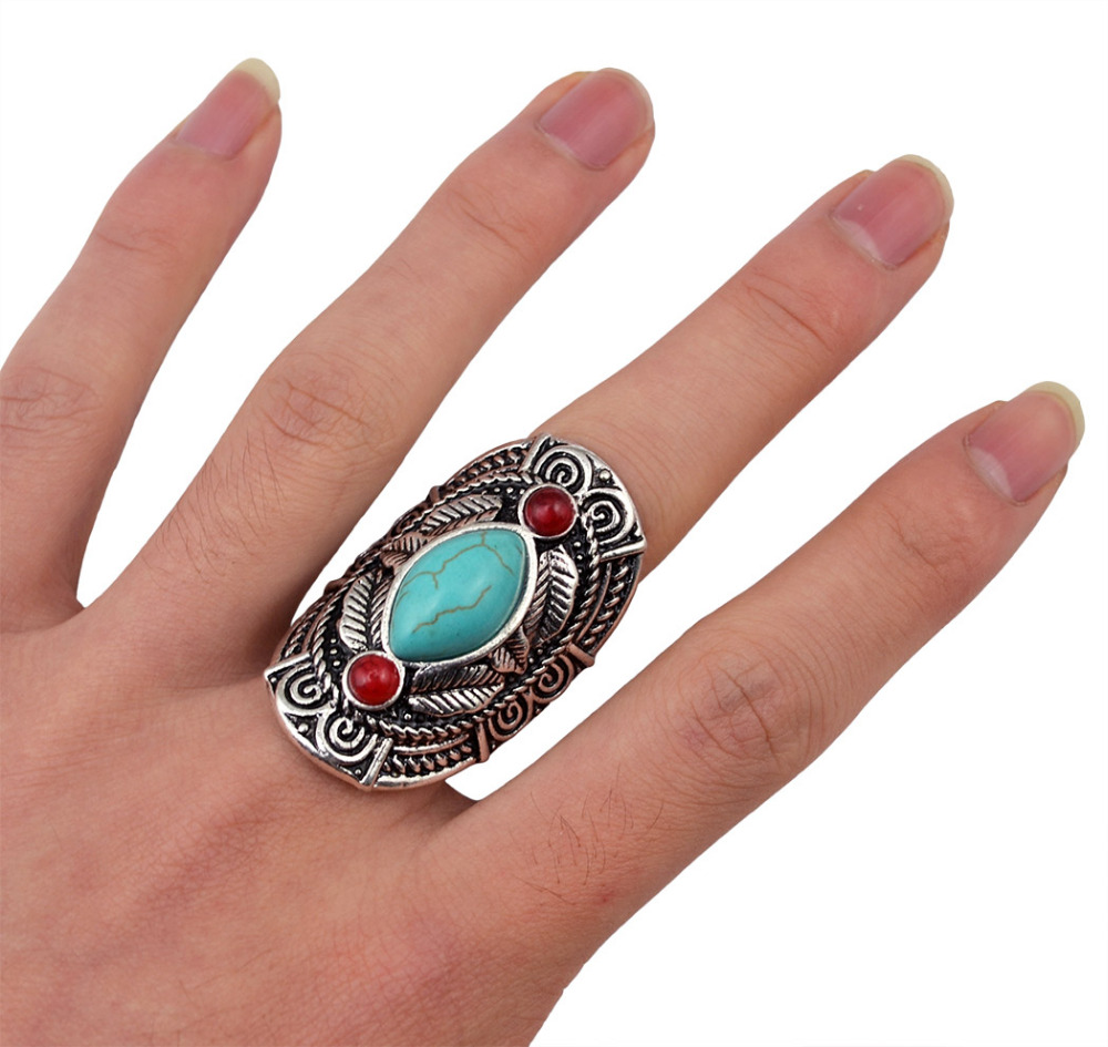 Ethnic Fashion Pakistan - Boho ชาติพันธุ์ทิเบต Turquoise แหวนผู้หญิงผู้ชาย Retro Silver