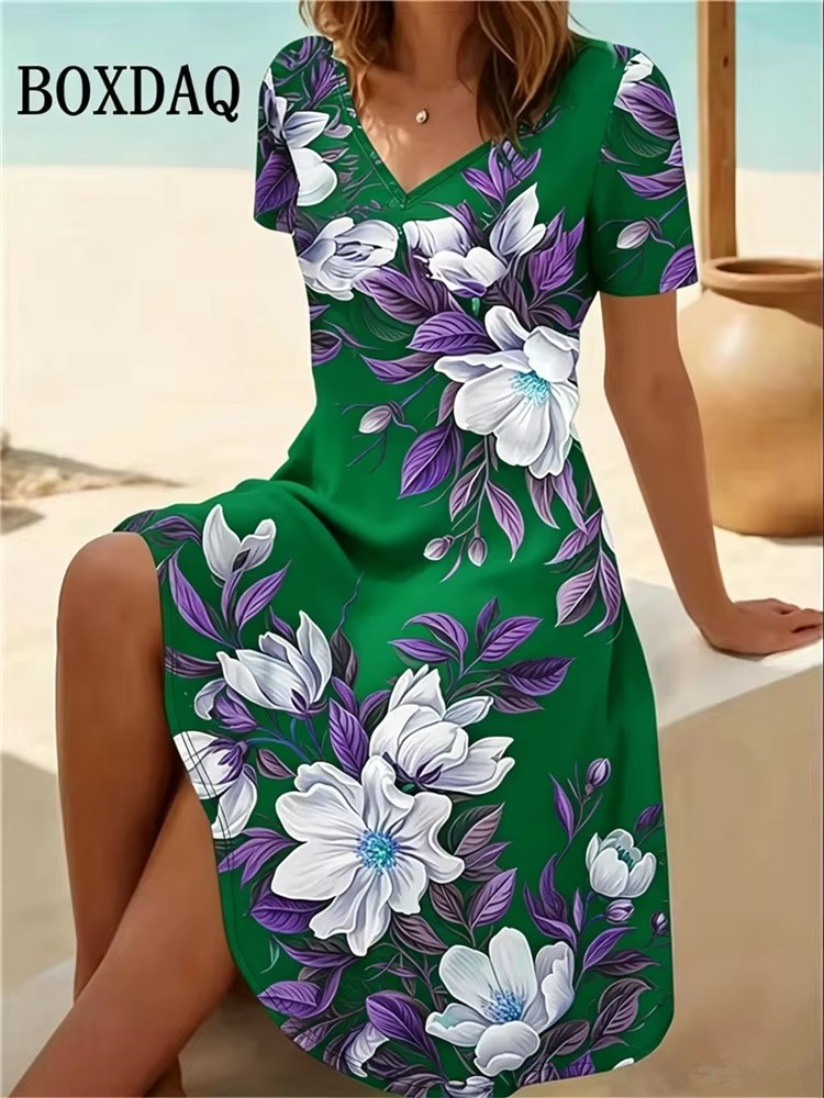Ethnic Fashion Dress - 6XL พลัสไซส์ชุดเดรสผู้หญิงฤดูร้อนชายหาดลำลองเอ-ไลน์เดรสวินเทจโบโฮลายดอกไม้พิมพ์แขนสั้นคอวีหลวมเดรส เวสติโดส