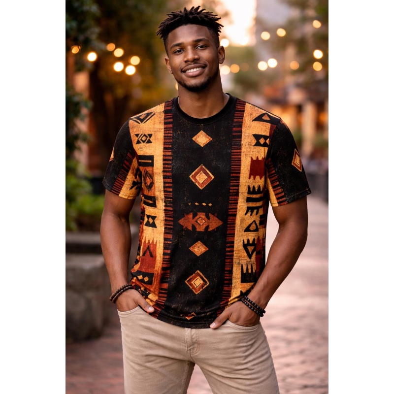 Mudcloth Print Top - เสื้อยืดลายผ้ามัดคลอธชนเผ่าแอฟริกันสำหรับผู้ชาย ลายกราฟิกชาติพันธุ์ พิมพ์ลาย 3 มิติ เสื้อยืดแขนสั้นคอกลมทรงหลวมสำหรับฤดูร้อน