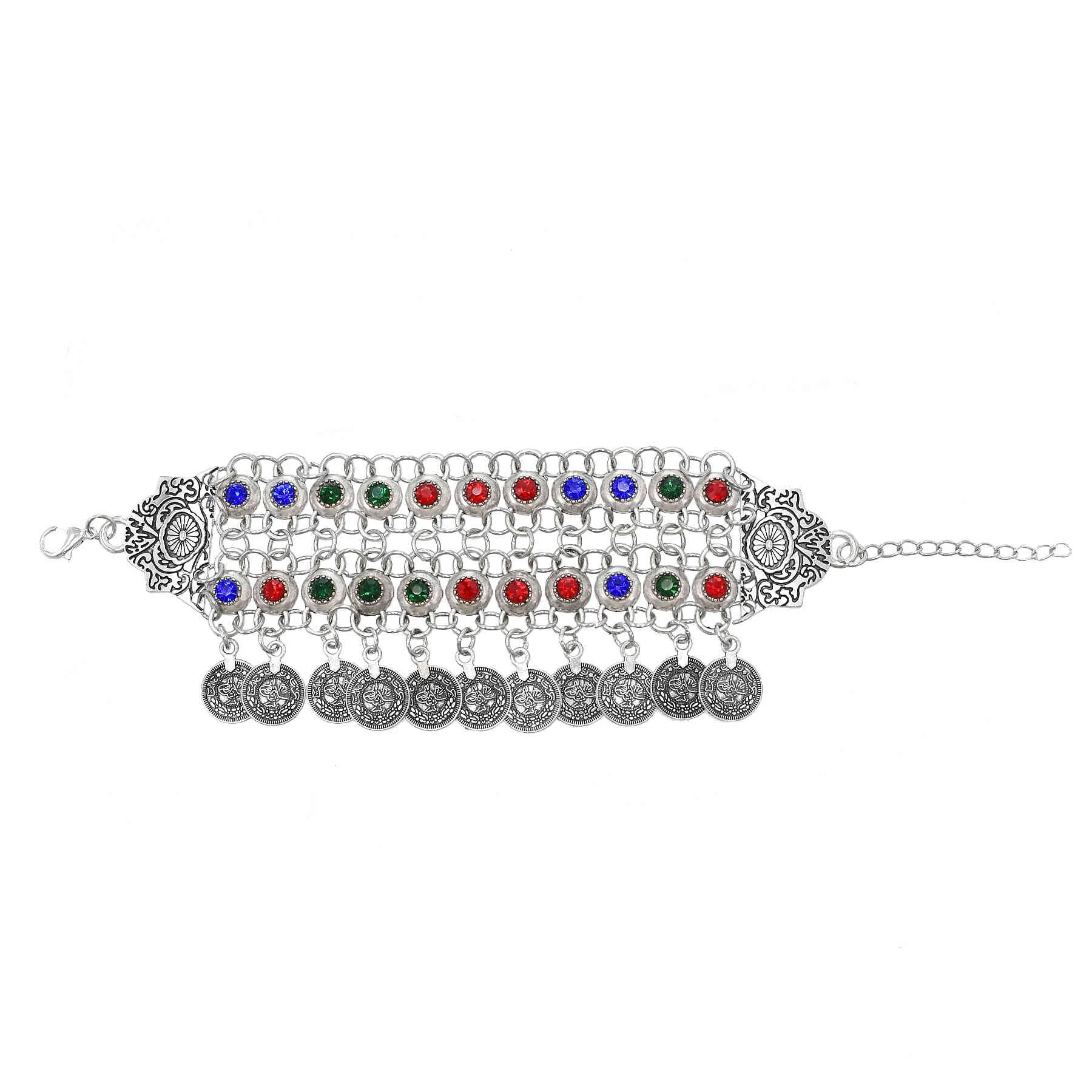 Ethnic Fashion Pakistan - สร้อยข้อมือคริสตัลสีสันสดใส3สไตล์สำหรับผู้หญิงวินเทจโลหะสีเงินประดับชนเผ่ายิปซีชนเผ่าอียิปต์เครื่องประดับทิเบตอัฟกานิสถาน