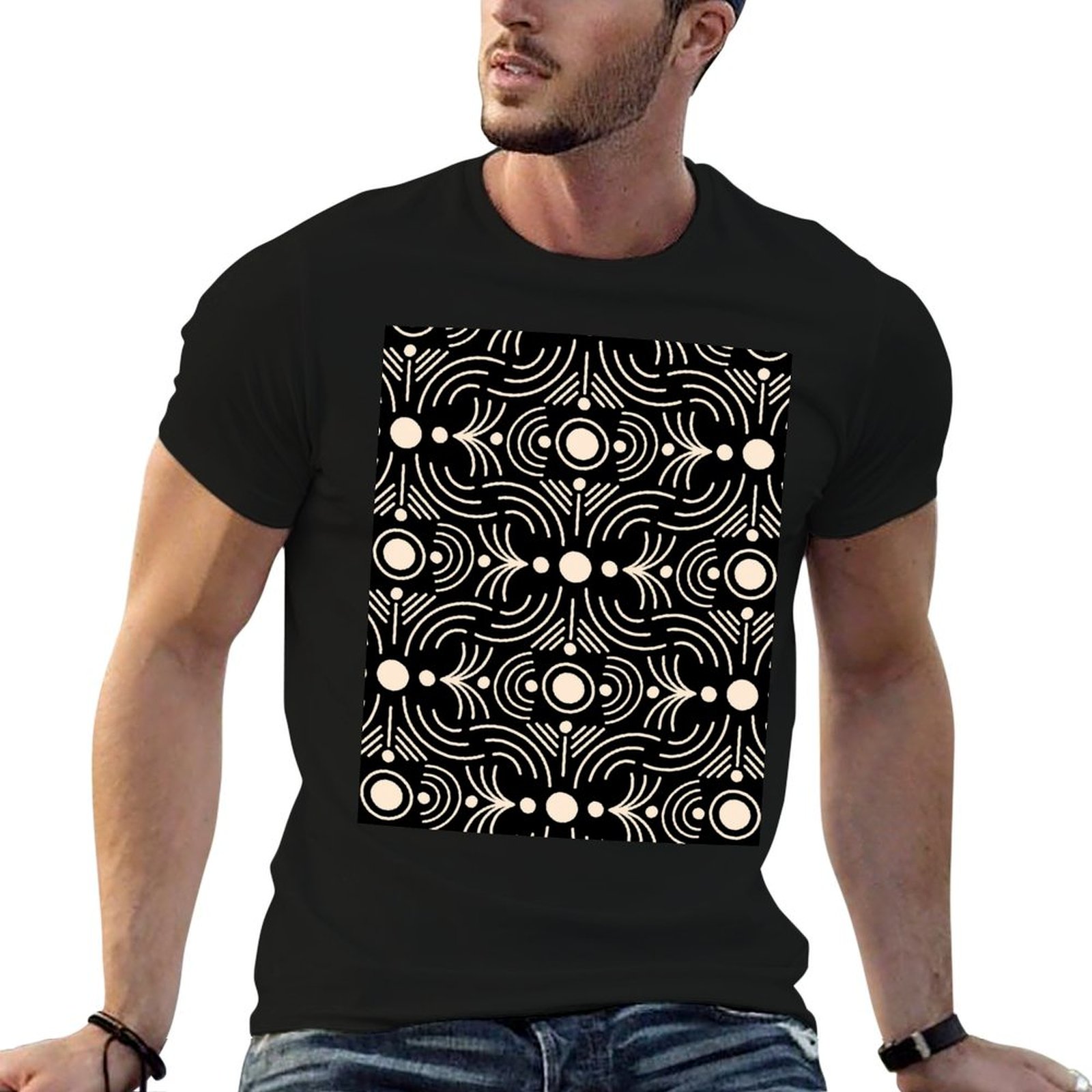 Mudcloth Print Top - เสื้อยืดลายผ้าโบทโธ - ลายเส้นและจุดเรขาคณิตแบบมินิมอล - สีขาวดำ