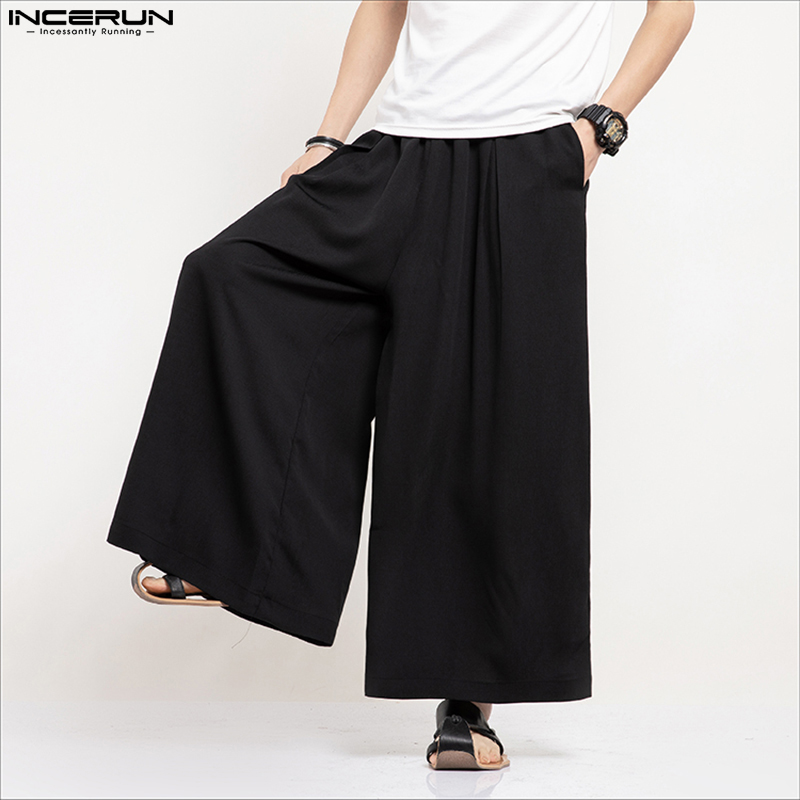 Ethnic Fashion Men - INCERUN เสื้อกันหนาวผู้ชายกางเกงขากว้างสีทึบหลวม Joggers Elastic เอวกางเกงผู้ชาย Vintage