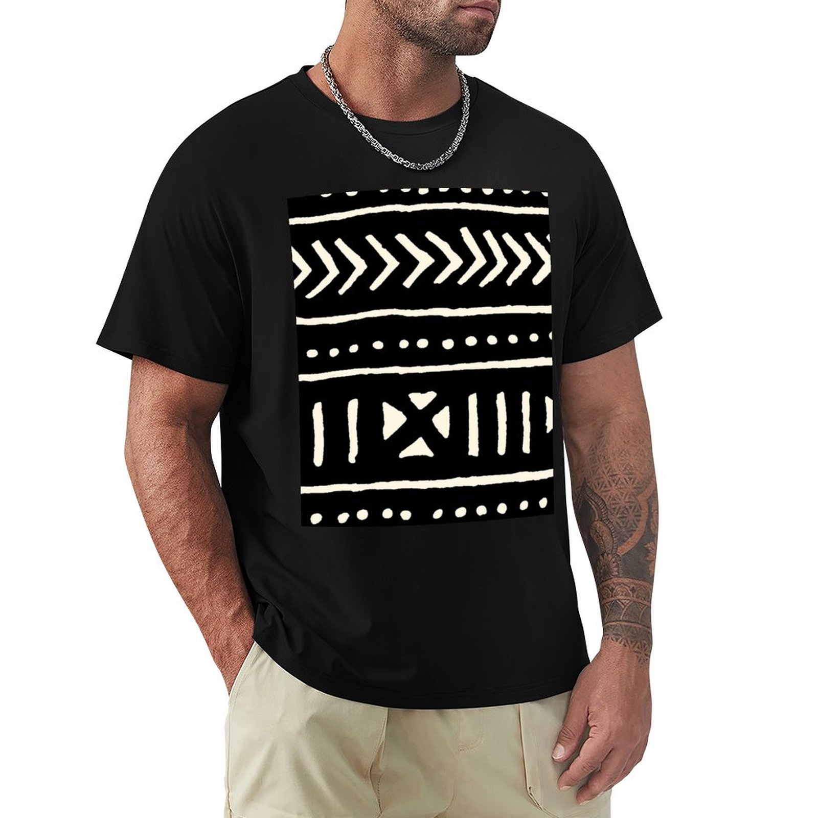 Mudcloth Print Top - เสื้อยืดผ้าแอฟริกันสีดำขาว เสื้อยืดน้ำหนักเบาสำหรับออกกำลังกาย