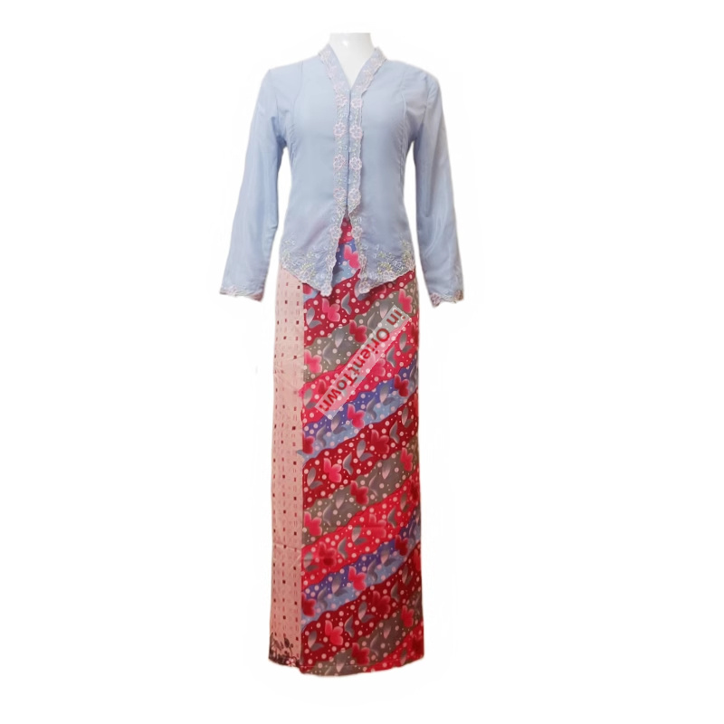Thai Silk Blouse - เสื้อปักลายลูกไม้สีฟ้าชมพูของประเทศเอเชียตะวันออกเฉียงใต้ + กระโปรงทรงสอบ ชุดฤดูร้อนสไตล์มาลากา นีโอนยา