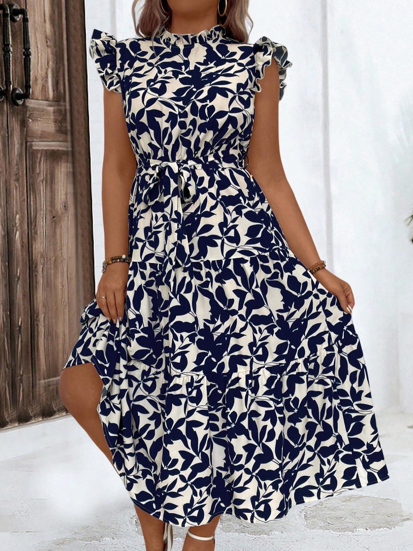Ethnic Fashion Dress - ขนาดบวกพิมพ์ลายดอกไม้ Ruched Belted ชุดนัวเนีย, Boho แขนผีเสื้อเอวสูงชุดสายสําหรับวันหยุดชายหาดวันหยุด,
