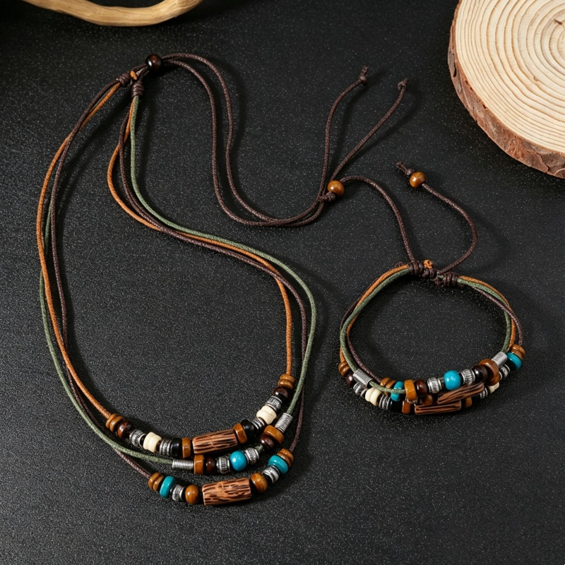 Ethnic Wear Men'S Fashion - ชุดเครื่องประดับเชือกหนังเทียม 2 ชั้น สไตล์วินเทจ พร้อมจี้ไม้ สร้อยคอ