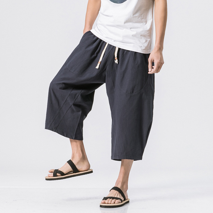 Ethnic Fashion Men - กางเกงผู้ชายสไตล์ใหม่สำหรับฤดูร้อน ทรงหลวม สีพื้น สไตล์สปอร์ต ลำลอง แบบเจ็ดส่วน
