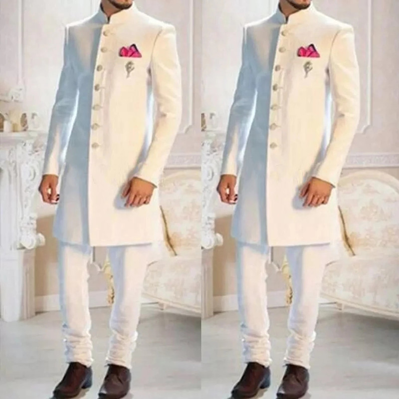 Ethnic Wear Men'S Fashion - แฟชั่นสีขาวคอตั้งเดี่ยวอินเดีย Tuxedo เจ้าบ่าวยาวชุดสำหรับผู้ชายงานแต่งงานอย่างเป็นทางการ Slim Fit สวมใส่2pc