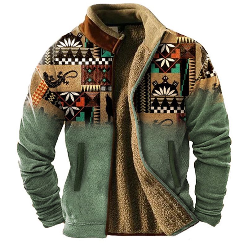 Ethnic Wear Men'S Fashion - เสื้อแจ็คเก็ตบุขนสัตว์แขนยาวสำหรับผู้ชายในฤดูหนาว อบอุ่นในฤดูหนาว หนาและทันสมัย ​​สวมใส่ในบ้าน ลายชาติพันธุ์แบบกำมะหยี่