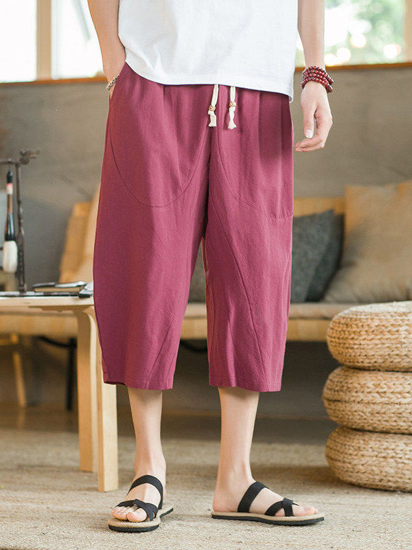 กางเกงผ้าฝ้ายลินินขากว้างเจ็ดส - Ethnic Fashion Men บทวิจารณ์และราคา