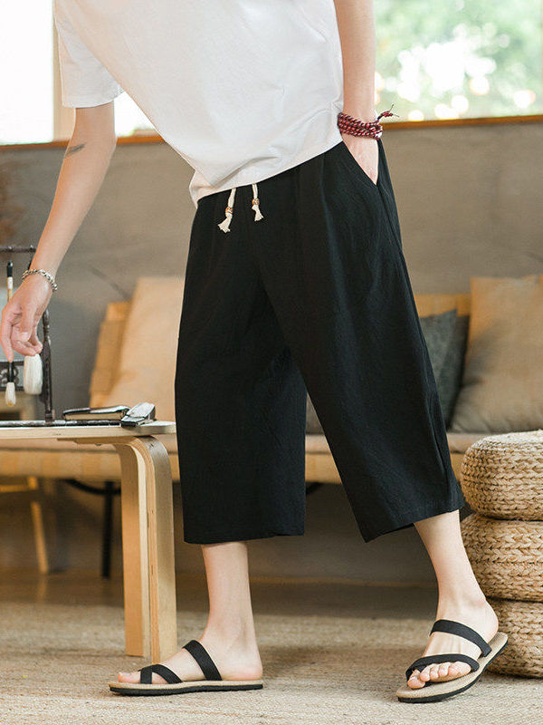 กางเกงผ้าฝ้ายลินินขากว้างเจ็ดส - Ethnic Fashion Men บทวิจารณ์และราคา