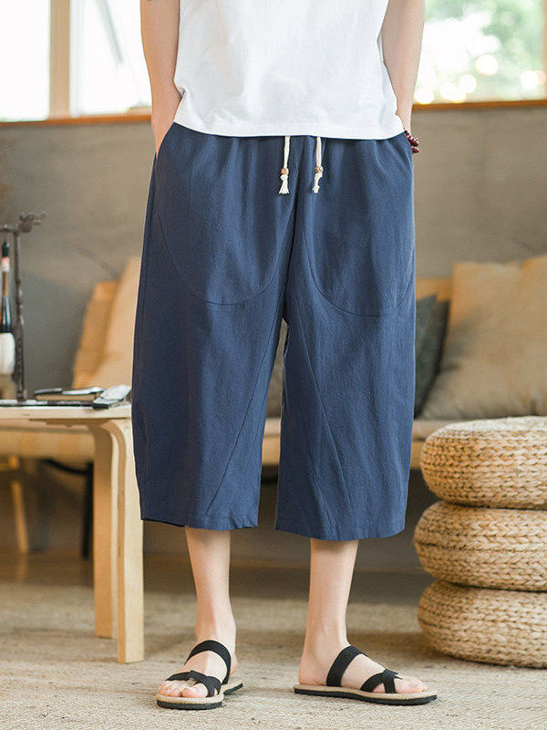 กางเกงผ้าฝ้ายลินินขากว้างเจ็ดส - Ethnic Fashion Men บทวิจารณ์และราคา